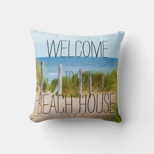 Ocean Fence Beach House Welcome Throw Pillow (Front)