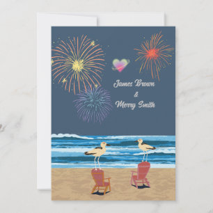 Ocean Fireworks Night Beach Seagulls Wedding Invitation