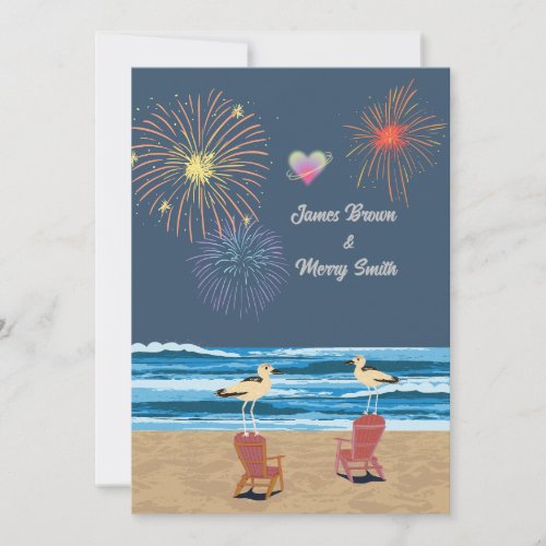 Ocean Fireworks Night Beach Seagulls Wedding Invitation
