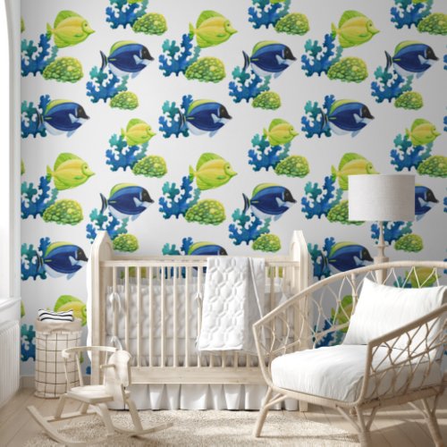 Ocean fish and coral reef blue yellow wallpaper 