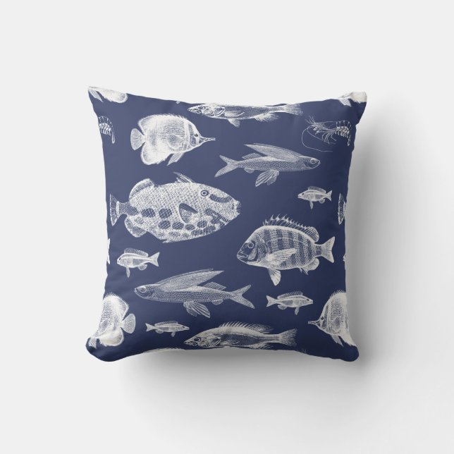 Ocean Fish Navy Blue White Outdoor Pillow (Front)