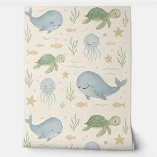 Ocean Friends Nursery Wallpaper – Whales, Turtles,