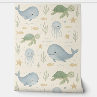 Ocean Friends Nursery Wallpaper – Whales, Turtles,