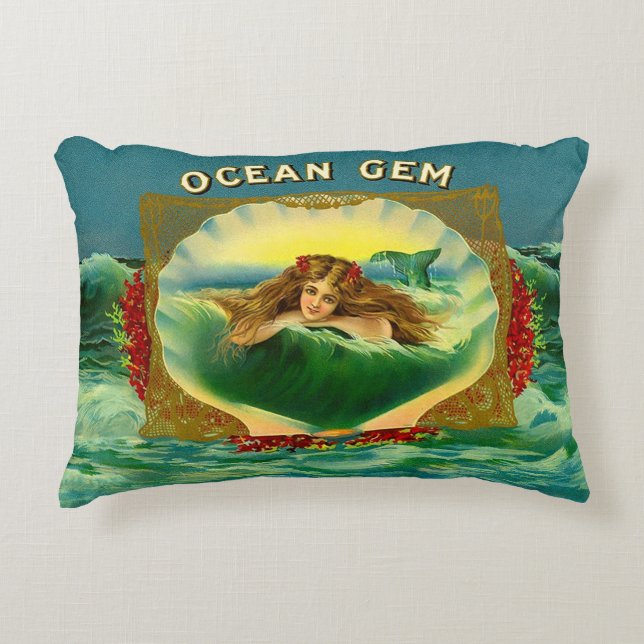Ocean Gem mermaid cigar label print Accent Pillow (Front)