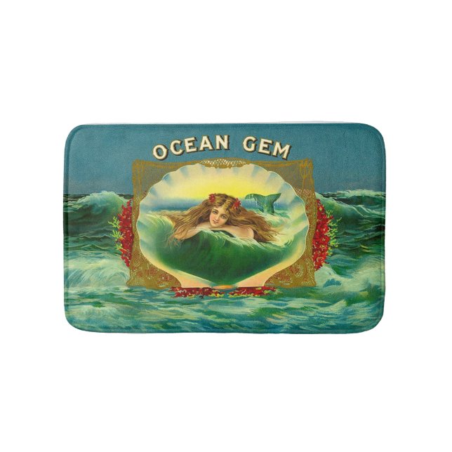 Ocean Gem mermaid cigar label print Bath Mat (Front)