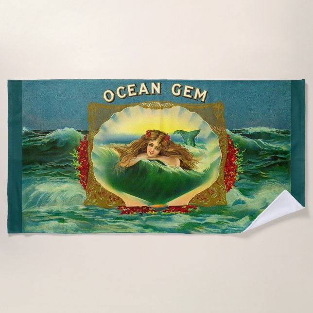 Ocean Gem mermaid cigar label print Beach Towel (Front)