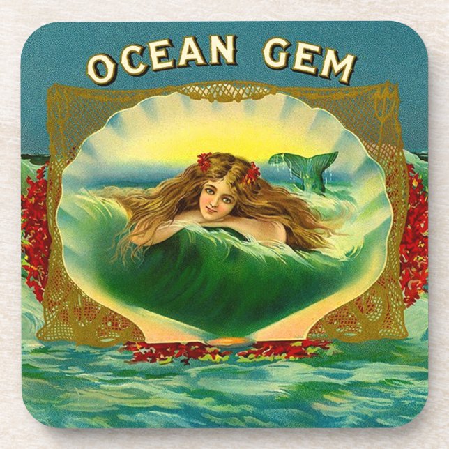 Ocean Gem mermaid cigar label print Beverage Coaster (Front)