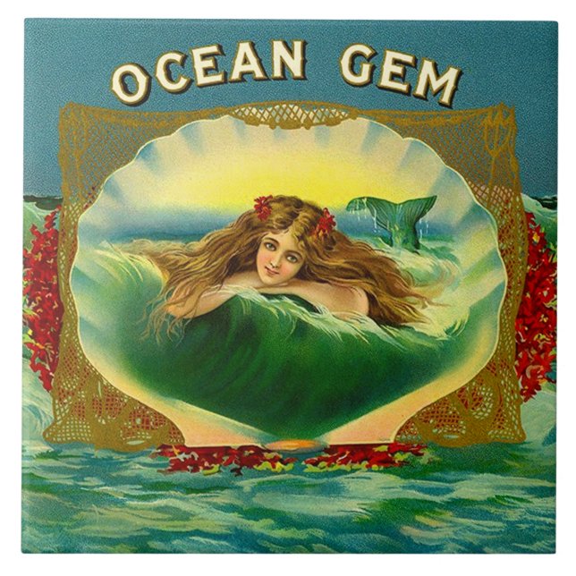 Ocean Gem mermaid cigar label print Ceramic Tile (Front)