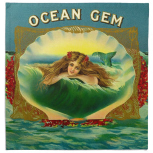 Ocean Gem mermaid cigar label print Cloth Napkin