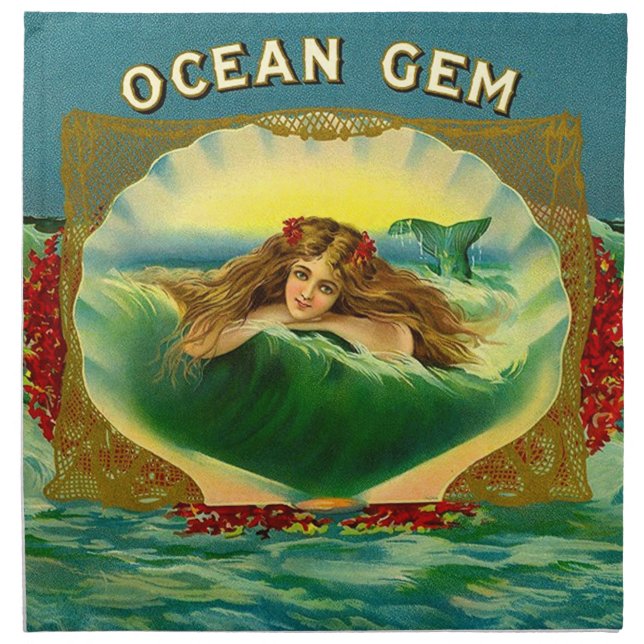 Ocean Gem mermaid cigar label print Cloth Napkin (Front)