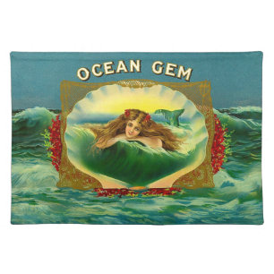 Ocean Gem mermaid cigar label print Cloth Placemat