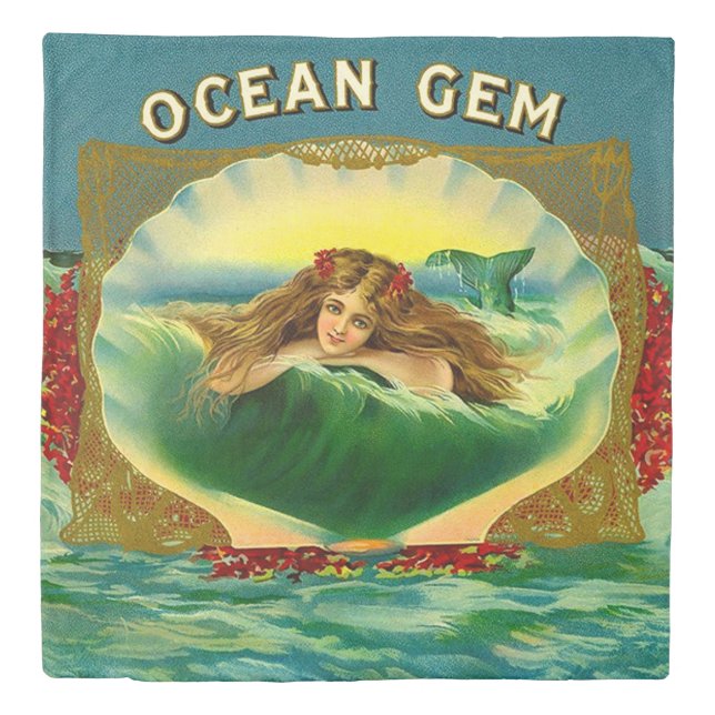 Ocean Gem mermaid cigar label print Duvet Cover (Front)