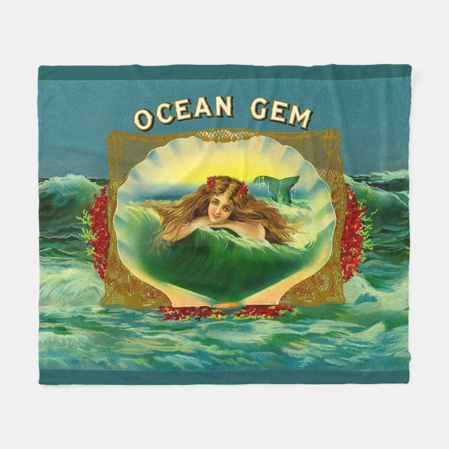 Ocean Gem mermaid cigar label print Fleece Blanket (Front (Horizontal))