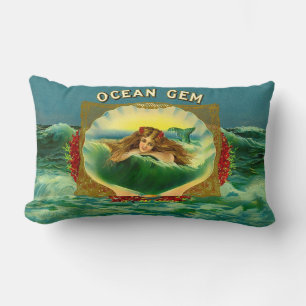 Ocean Gem mermaid cigar label print Lumbar Pillow