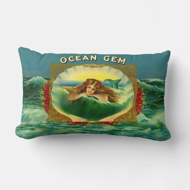 Ocean Gem mermaid cigar label print Lumbar Pillow (Front)