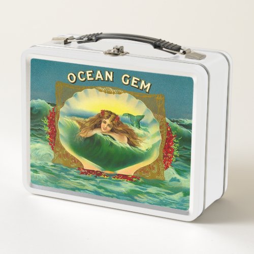 Ocean Gem mermaid cigar label print Metal Lunch Box