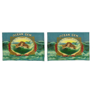 Ocean Gem mermaid cigar label print Pillow Case