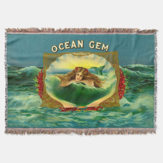 Ocean Gem mermaid cigar label print Throw Blanket