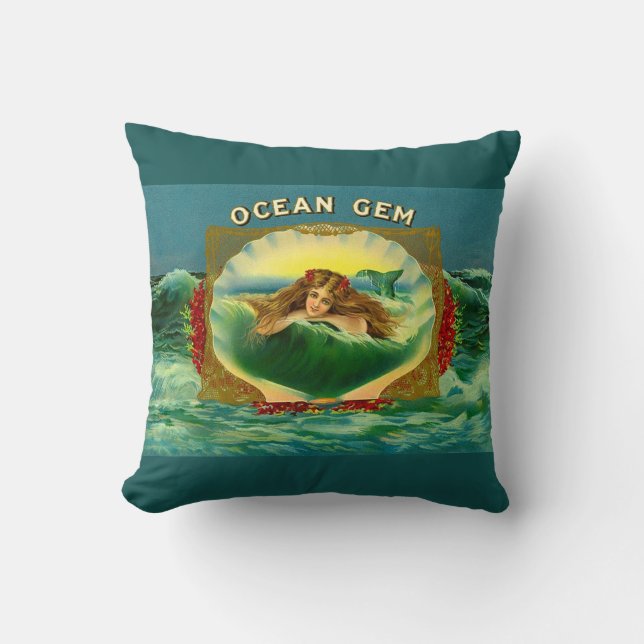 Ocean Gem mermaid cigar label print Throw Pillow (Front)