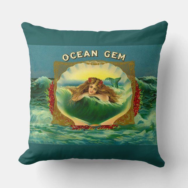 Ocean Gem mermaid cigar label print Throw Pillow (Front)