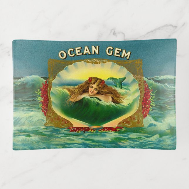 Ocean Gem mermaid cigar label print Trinket Tray (Front)