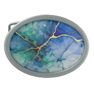 Ocean Geode Alcohol Ink Gold Veins Belt Buckle