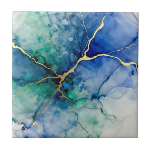 Ocean Geode Alcohol Ink Gold Veins Ceramic Tile