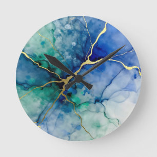Ocean Geode Alcohol Ink Gold Veins Round Clock