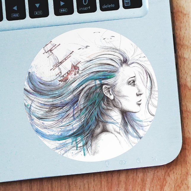Ocean girl Nautical Surreal Watercolor art Classic Round Sticker (Creator Uploaded)