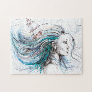 Ocean girl Nautical Surreal Watercolor art Jigsaw Puzzle
