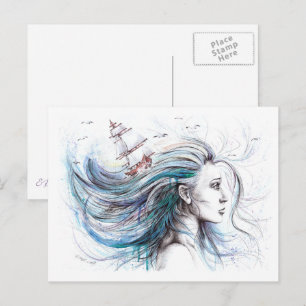 Ocean girl Nautical Surreal Watercolor art Postcard