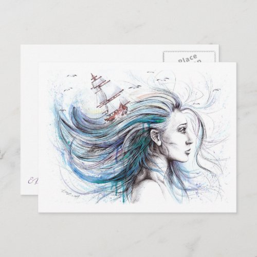 Ocean girl Nautical Surreal Watercolor art Postcard