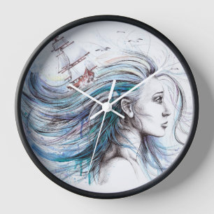 Ocean girl Nautical Surreal Watercolor art Wall Clock