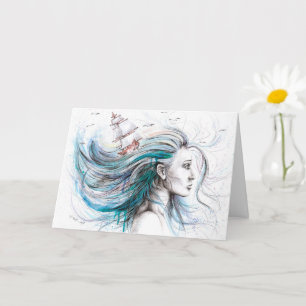 Ocean girl Nautical Surreal Watercolor Ink art Card
