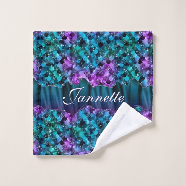 Ocean Glam Turquoise Purple Mermaid Faux Glitter Bath Towel Set (Wash Cloth)