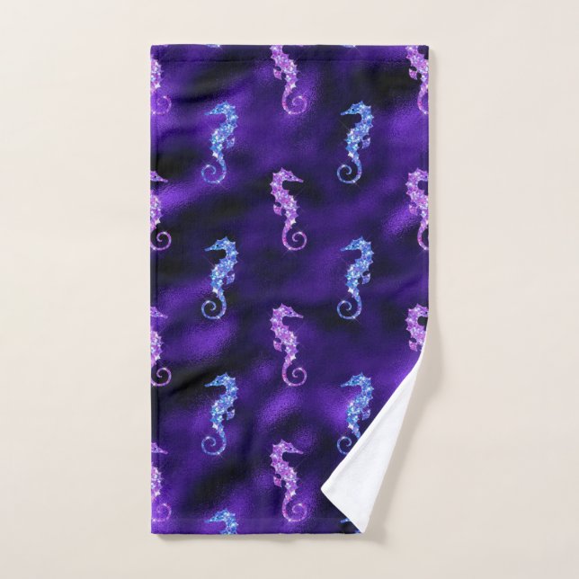 Ocean Glamour Purple Foil & Glitter Seahorses Hand Towel (Hand Towel)