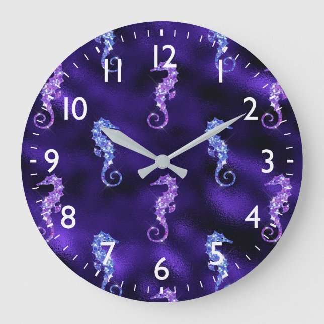 Ocean Glamour Purple Foil & Glitter Seahorses Large Clock (Front)