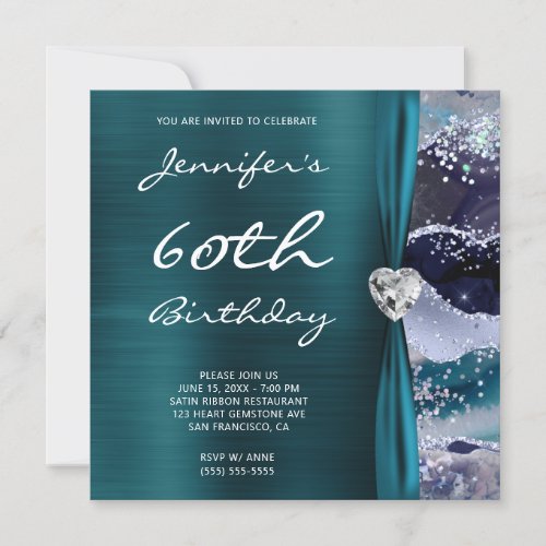 Ocean Glittery Agate Glam Teal Foil 60th Birthday Invitation