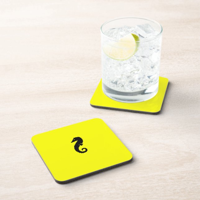 Ocean Glow_Black-on-Yellow Seahorse Beverage Coaster (Right Side)