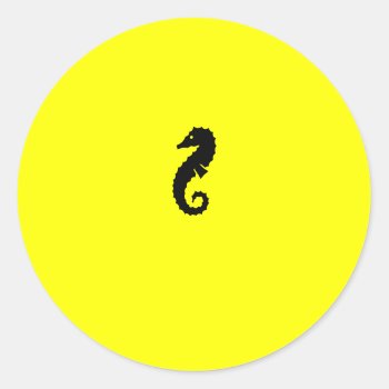 Ocean Glow_black-on-yellow Seahorse Classic Round Sticker by FUNauticals at Zazzle