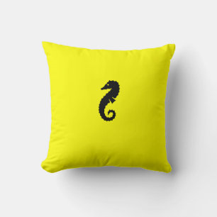 Ocean Glow_Black-on-Yellow Seahorse Throw Pillow