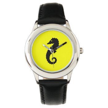 Ocean Glow_black-on-yellow Seahorse Watch by FUNauticals at Zazzle