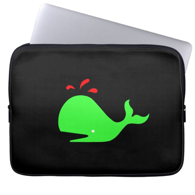 Ocean Glow_Spouty Whale Bright Green, Red on black Laptop Sleeve (Front)