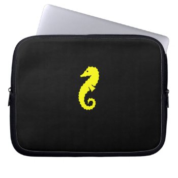 Ocean Glow_yellow-on-black Seahorse Laptop Sleeve by FUNauticals at Zazzle