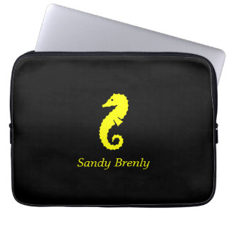 Ocean Glow_Yellow-on-Black Seahorse_personalized Laptop Sleeve