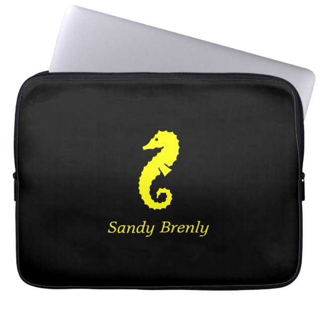 Ocean Glow_Yellow-on-Black Seahorse_personalized Laptop Sleeve (Front)