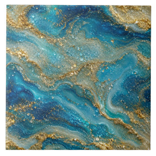 Ocean Gold Flow – Luxury Blue Turquoise Abstract Ceramic Tile