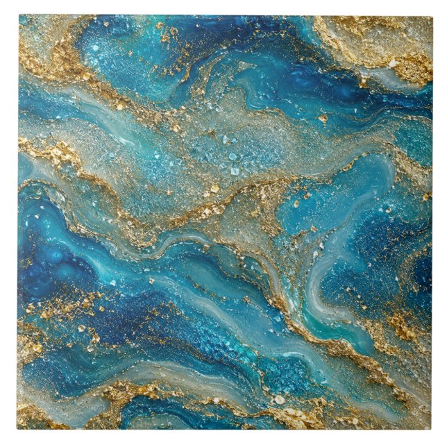 Ocean Gold Flow – Luxury Blue Turquoise Abstract Ceramic Tile (Front)