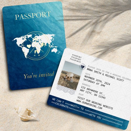 Ocean  Gold Passport Destination Wedding Photo Foil Invitation