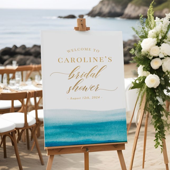 Ocean Gold Script Beach Bridal Shower Welcome Sign (Creator Uploaded)
